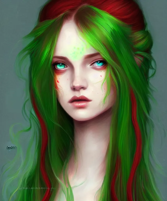 Image similar to Fae teenage girl, portrait, face, long red hair, green highlights, fantasy, intricate, elegant, highly detailed, digital painting, concept art