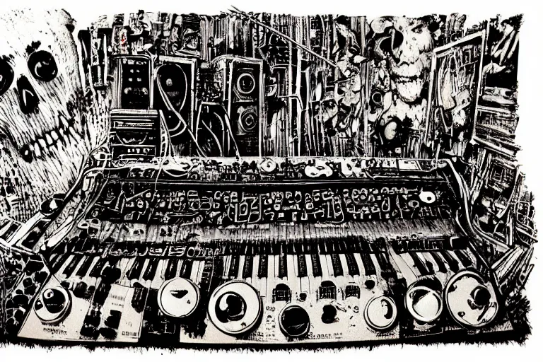 Image similar to synthesizer from hell by ralph steadman