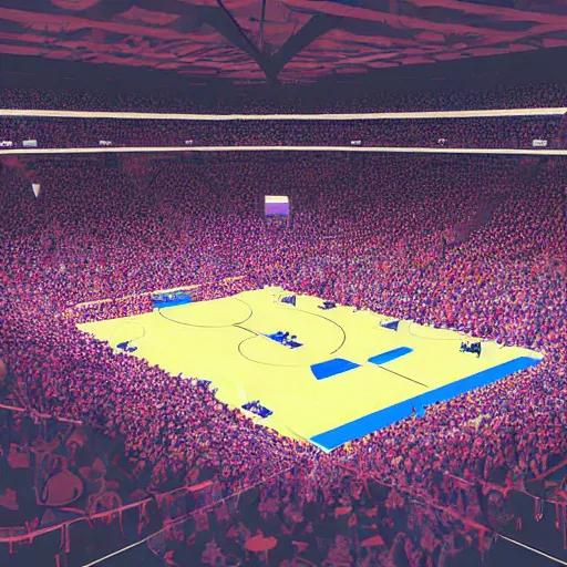 Image similar to a filled sports arena watching a basketball game, digital art, colorful, detailed, cheering