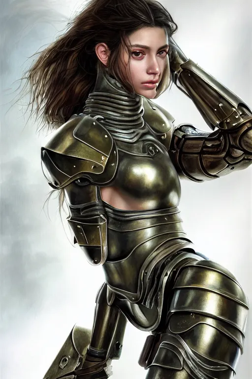 Prompt: a photorealistic painted portrait of an attractive young girl, partially clothed in dull metal-plated battle armor, olive skin, long dark hair, flawless skin, beautiful bone structure, symmetric facial features, perfect photorealistic eyes, natural physique, intricate, elegant, digital painting, concept art, finely detailed, beautifully illustrated, sharp focus, minimal artifacts, from Metal Gear, by Ruan Jia and Mandy Jurgens and Artgerm and William-Adolphe Bouguerea, in the style of Greg Rutkowski, trending on Artstation, award winning art