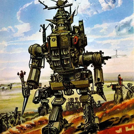 Image similar to wwi deiselpunk soviet battle mech propaganda art by james gurney