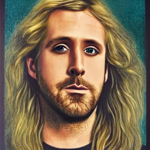 Image similar to Pre-Raphaelite portrait of Ryan Gosling as the leader of a cult 1980s heavy metal band, with very long blond hair and grey eyes, high saturation
