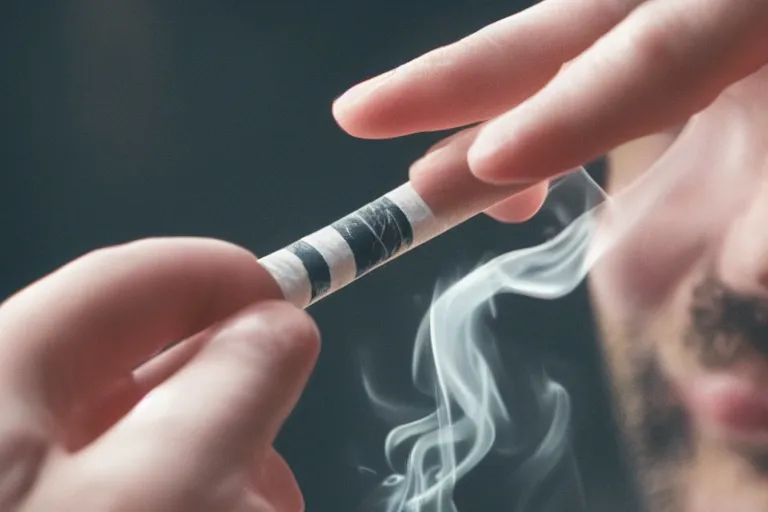 Image similar to Close-up of thin soft hand holding cigarette with smoke, hyper realistic, high details, photo, super resolution