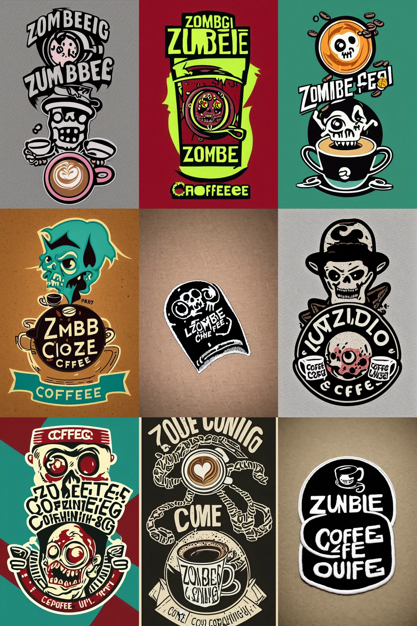 Prompt: logo design, zombie chasing coffee, patch logo, by mcbess, full colour print, gradients, 1 9 6 0 s, high detail