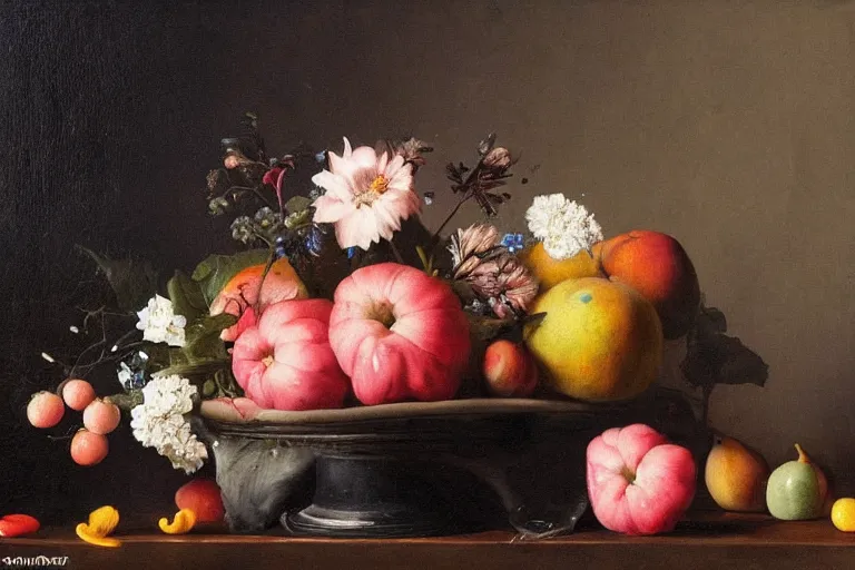 Image similar to zero gravity still life with floating flowers and fruit in the style of the dutch masters, dark and moody