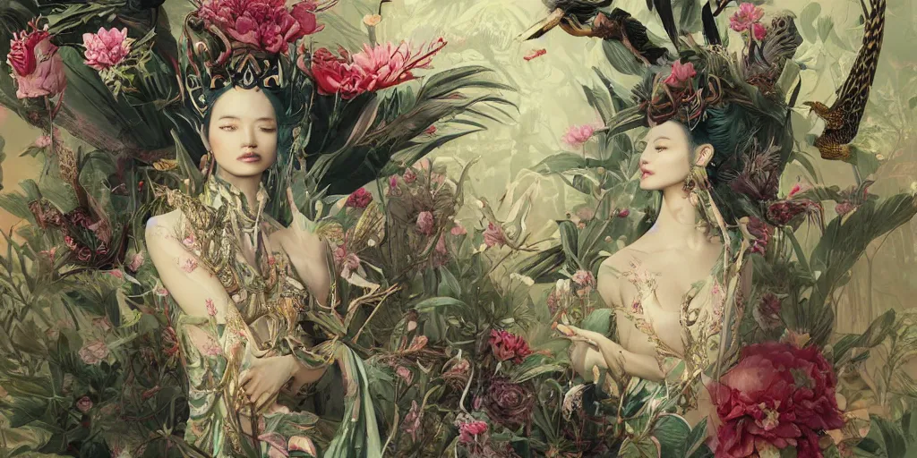 Image similar to breathtaking detailed concept art painting blend of queen sirikrit by hsiao - ron cheng with anxious piercing eyes, vintage illustration pattern with bizarre compositions blend of flowers and fruits and birds by beto val and john james audubon, exquisite detail, extremely moody lighting, 8 k