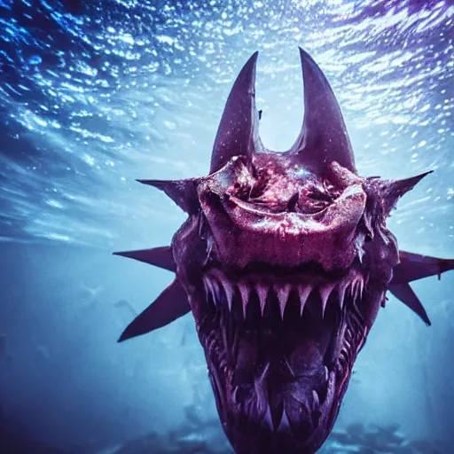 Image similar to underwater closeup of a demonic satanic shark in an abandoned aquarium, real life photography, horror, biological photo, fullbody, dynamic lighting, beautiful, scary, terror