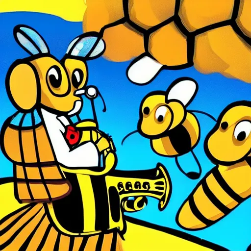 Image similar to saxophone with bees flying out of it and honey cartoon