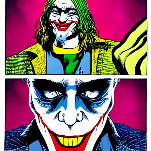 Prompt: dynamic macro head portrait of kurt cobain as the joker in by john romita sr and cory walker and ryan ottley and jack kirby and barry windsor - smith, comic, illustration, photo real