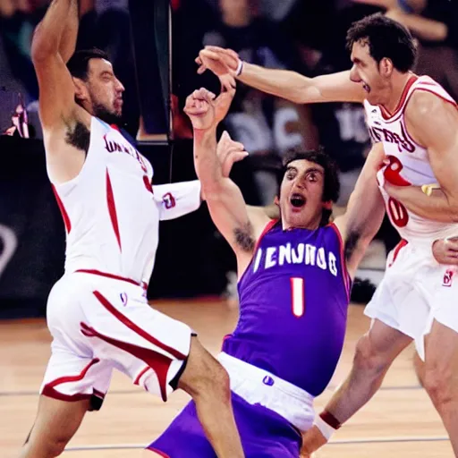 Image similar to jesus hermida blocking pedro piqueras in the nba finals.