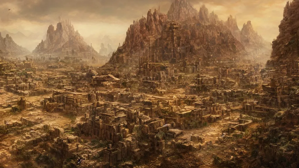 Prompt: Trending on artstation, beautiful arid lost city, detailed matte painting, oil on canvas