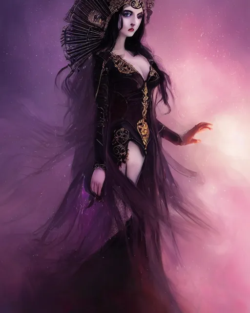 Prompt: a beautiful image of a young woman, Liliana vess the last hope, long flowing black hair, ornate headdress, Victorian purple and black costume, young female face, cinematic top lighting, insanely detailed and intricate, face by wlop, Charlie Bowater, golden ratio, symmetric, elegant, ornate, luxury, elite, matte painting, cinematic, trending on artstation, deviantart and cgsociety, 8k, high resolution