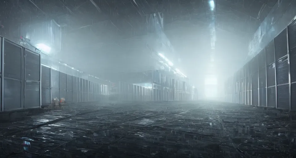 Image similar to illustration of rows of cryopods in a cold warehouse, refrigerated storage facility, rolling fog, greg rutkowski, cyberpunk, dramatic lighting, unreal engine 5, colorful