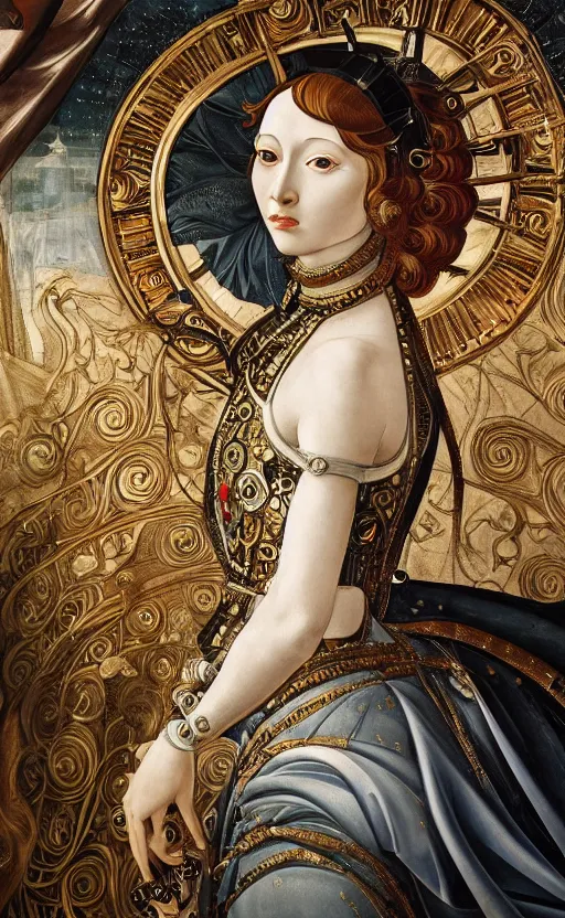 Image similar to beautiful mural of the young cyborg empress, piercing glowing robot eyes, elegant, royal ornamental gown, striking composition, highly detailed ornate sci fi background, mural in the style of sandro botticelli, caravaggio, albrecth durer, 8k