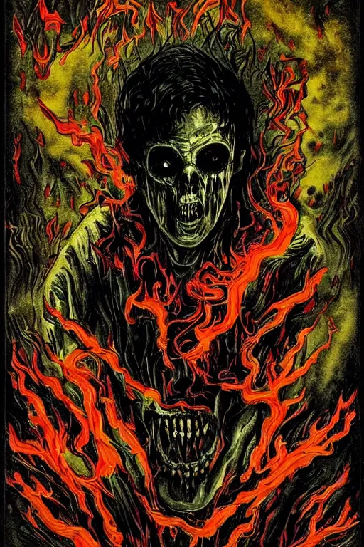 Image similar to zelensky went to hell, art in the style of a poster for horror films in a cinema, detailed art in color