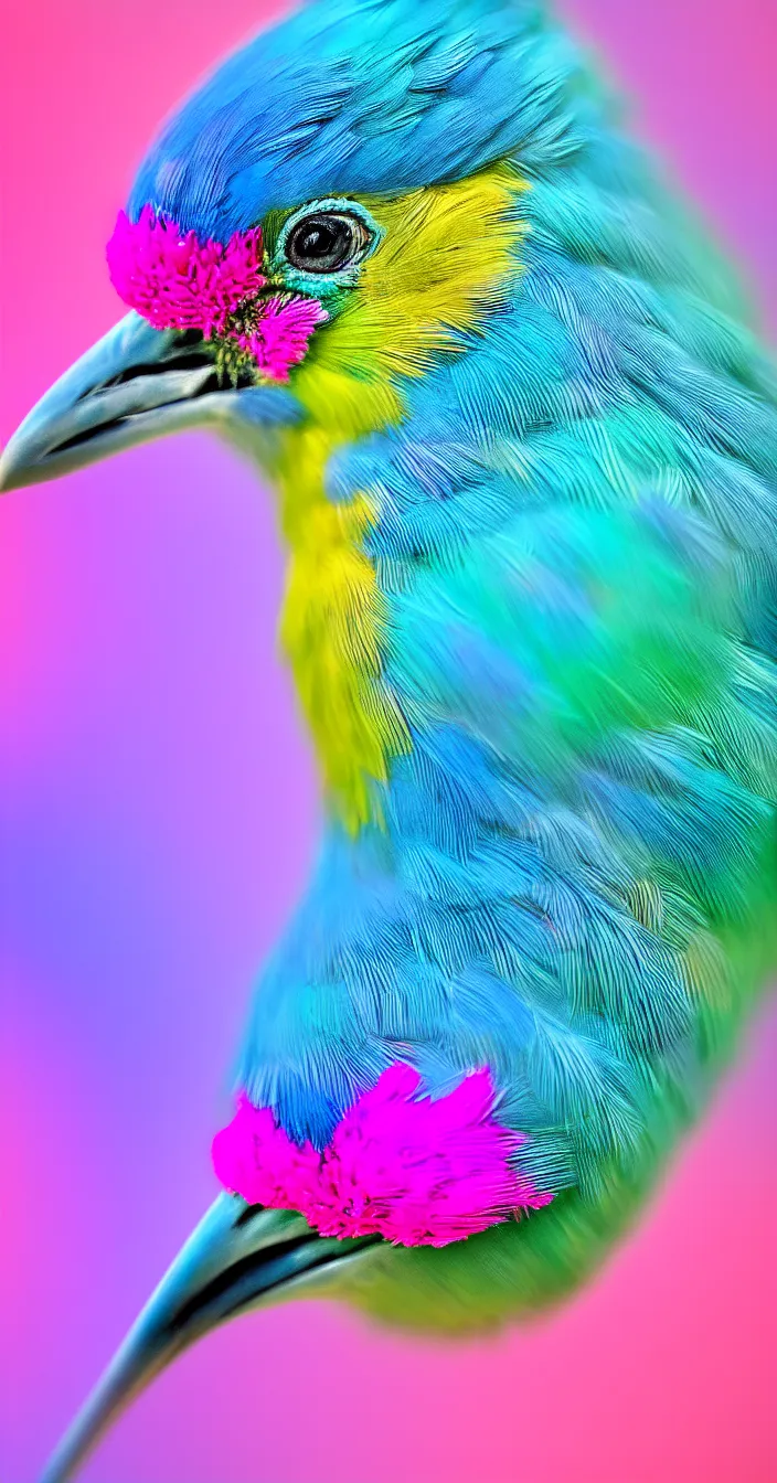 Prompt: highly detailed realistic photo of pink and blue colored bird, green smooth background, vibrant colors, award winning masterpiece photography, hyper realistic, concept art, 8 k detail post - processing