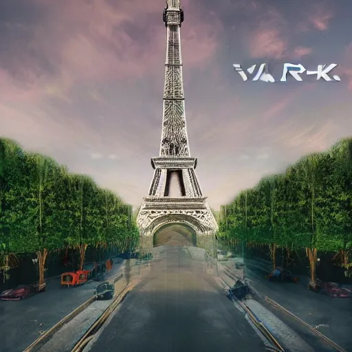 Image similar to A beautiful intricate 8K award-winning cinematic movie photograph of the future Eiffel Tower completely wrapped in corporate logos in the year 2043, by Bruno Delbonnel