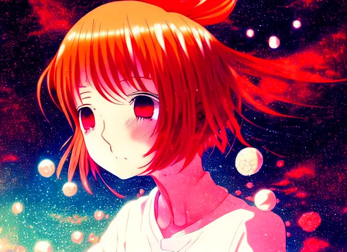 Image similar to anime portrait of a young girl floating inside a nebula, Karolis Strautniekas,omoide emanon, tsuruta kenji, murata range,kawaii, kyoto animation, manga, intricate, detailed, studio lighting, orange red black white, gradation,editorial illustration, matte print, Ilya Kuvshinov