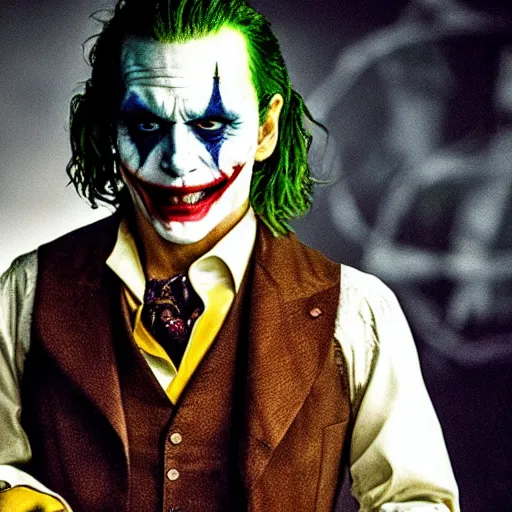 Image similar to awe inspiring Johnny Depp playing The Joker 8k hdr movie still dynamic lighting