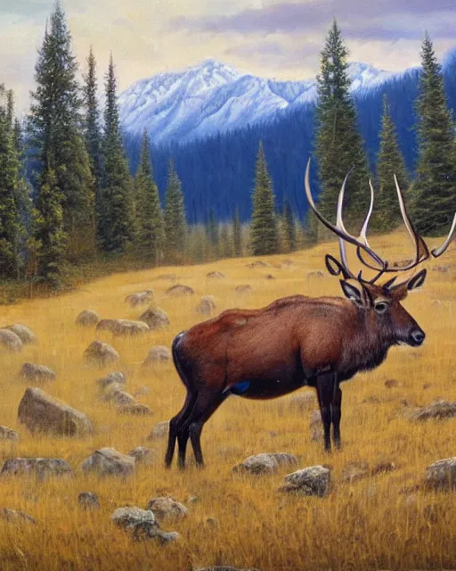 Prompt: altai wapiti with large horns in the altai forest, detailed oil painting