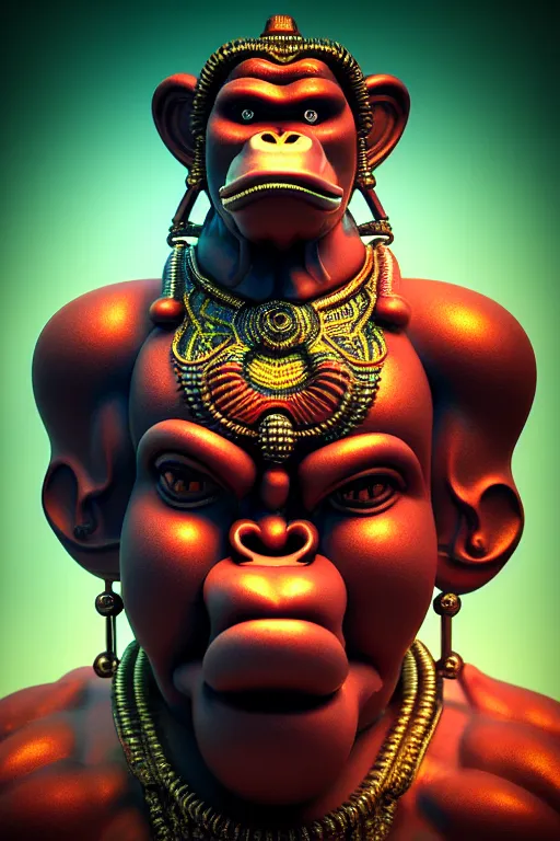 Image similar to high quality 3 d render post - rococo cyberpunk hanuman! head building, neon madhubani, open mouth, highly detailed, in sci - fi mumbai, cinematic smooth unreal engine, lee madgwick & liam wong, dramatic light, low angle, uhd 8 k, sharp focus