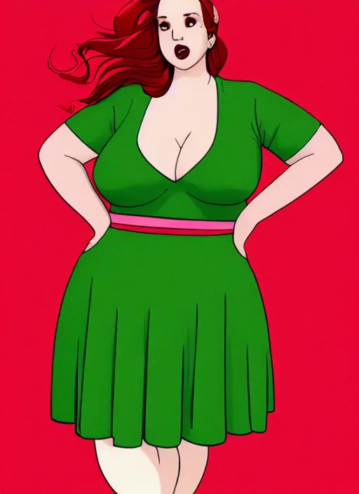 Image similar to full body portrait of teenage cheryl blossom, obese, bangs, green eyes, sultry, realistic, red hair, sultry smirk, wavy hair, pink skirt, fat, intricate, elegant, glowing lights, highly detailed, digital painting, artstation, concept art, smooth, sharp focus, illustration, art by wlop, mars ravelo and greg rutkowski