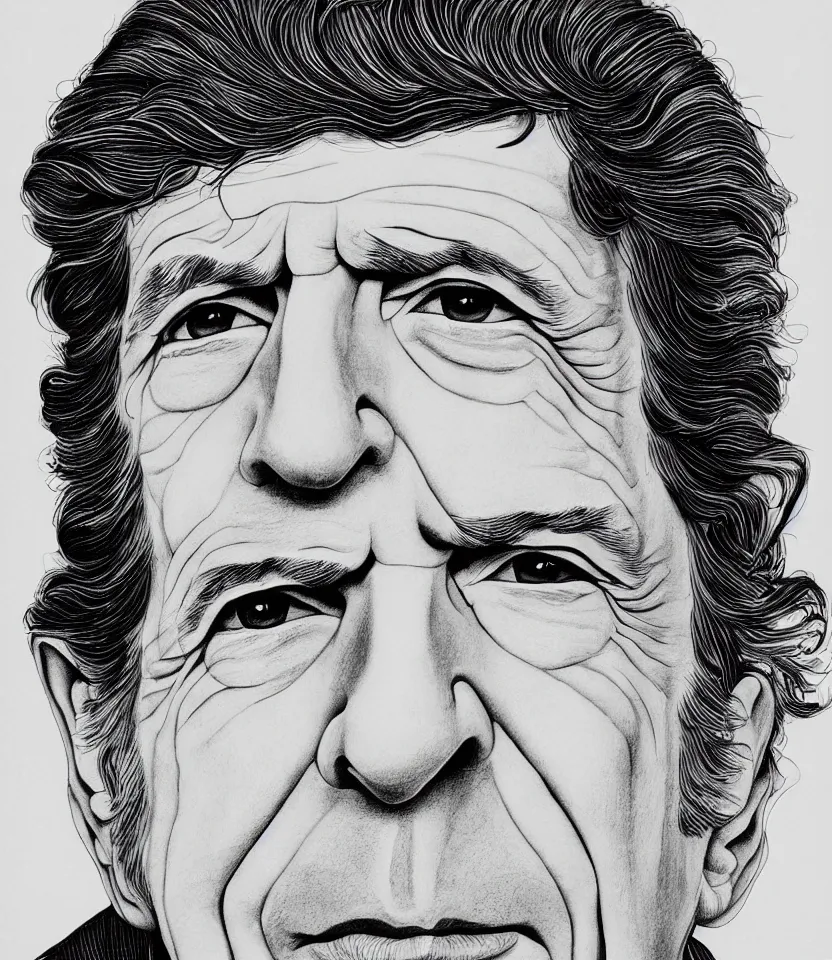 Image similar to detailed line art portrait of leonard cohen. caricatural, minimalist, bold contour lines, musicality, soft twirls curls and curves, confident personality, raw emotion