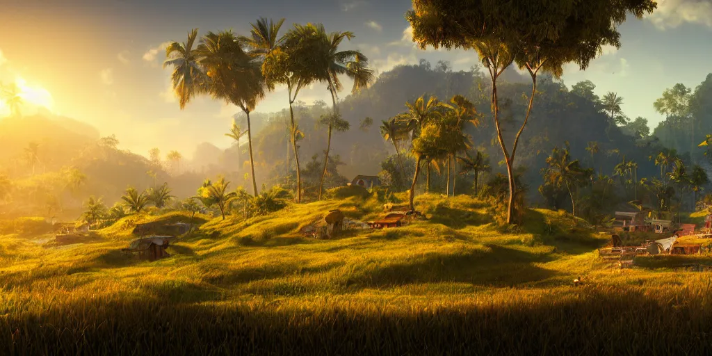 Prompt: Lively sunny landscape of a kerala village realistic detailed digital art by Maxwell Boas Jessica Rossier Christian Dimitrov Anton Fadeev trending on Artstation CGSociety rendered in Unreal Engine 4k HQ