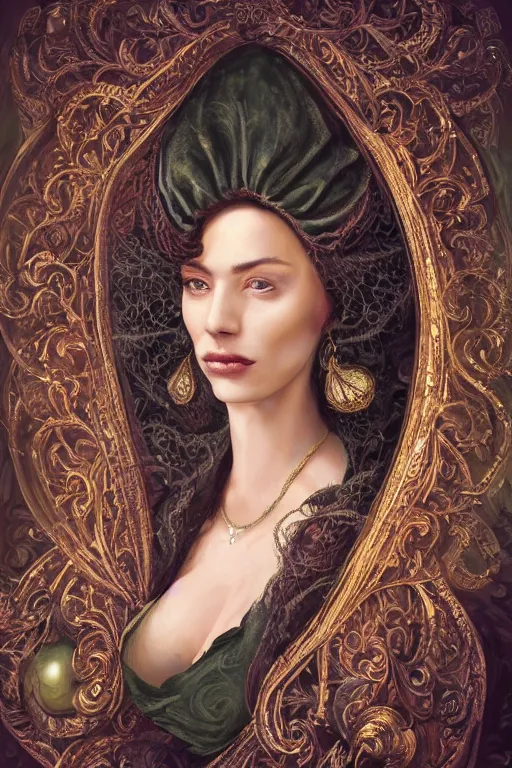 Image similar to portrait, headshot, digital painting, of a 17th century, beautiful, middle aged, middle eastern, wrinkles, decadent, cyborg noble woman, dark hair, amber jewels, baroque, ornate dark green opulent clothing, scifi, futuristic, realistic, hyperdetailed, concept art, chiaroscuro, dramatic backlighting, golden hour, autochrome, art by syd mead