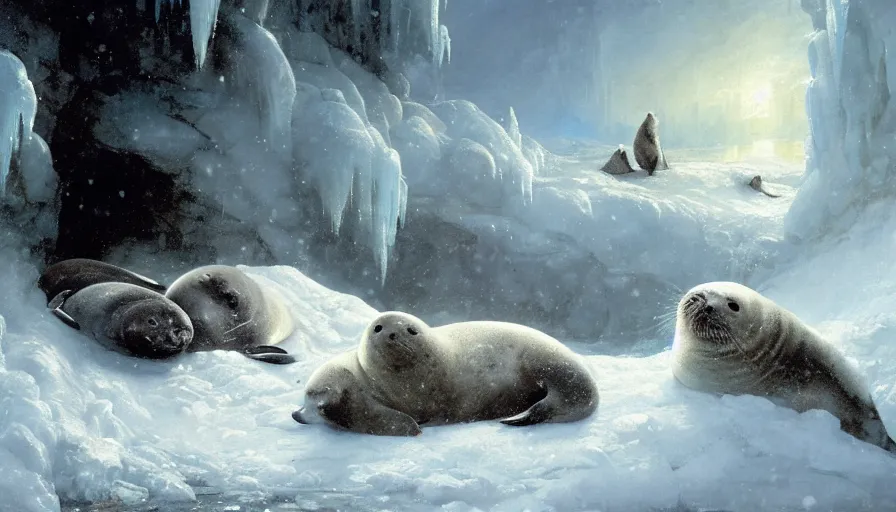 Image similar to highly detailed closeup painting of daddy seal looking after cute furry white baby seals inside a snowy fantasy ice crystal cavern by william turner, by greg rutkowski, by william constable, thick brush strokes and visible paint layers, 4 k resolution