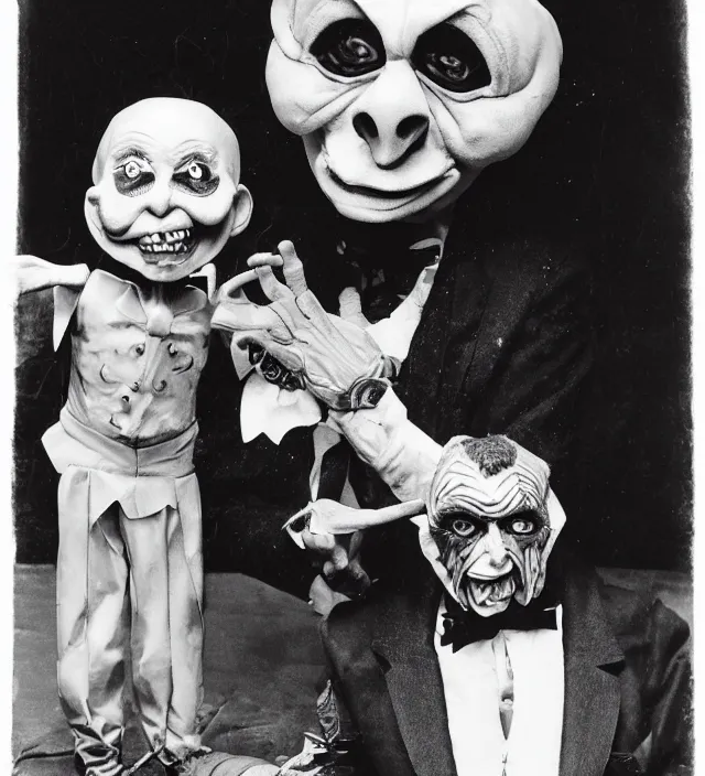 Image similar to hyper realistic old 1 9 8 0 photography of lunatic mad ventriloquist occultist old man with terrific haunted devil puppet