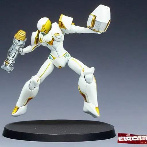 Prompt: samus varia white suit as a warhammer tabletop figurine