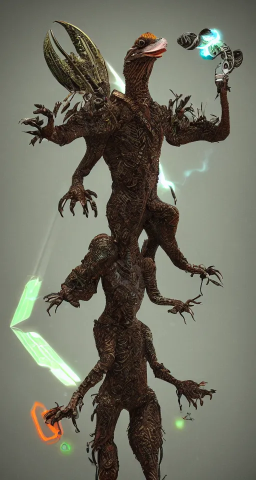 Prompt: an anthropomorphic machine bird reptile rodent hybrid wearing fantasy garments wielding the ancient laser sword excalibur, on an lush radiant alien planet during a storm, large platonic solids, in the style of boris vellejo, julie bell, leng jun, fantasy, science fiction, 3 d sculpture octane render 8 k