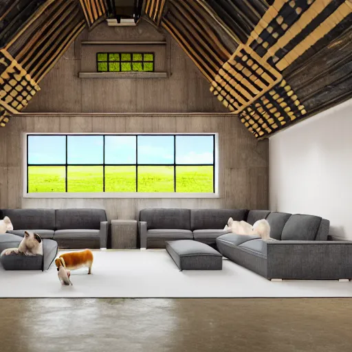 Image similar to interior view of modern futuristic farm barn architecture and interior design showing cows laying down on sofas and pigs and chickens sitting in lounge chairs, wall art, throw pillows, areas rugs, feed troughs, hay, detailed luminescent oil painting 4 k