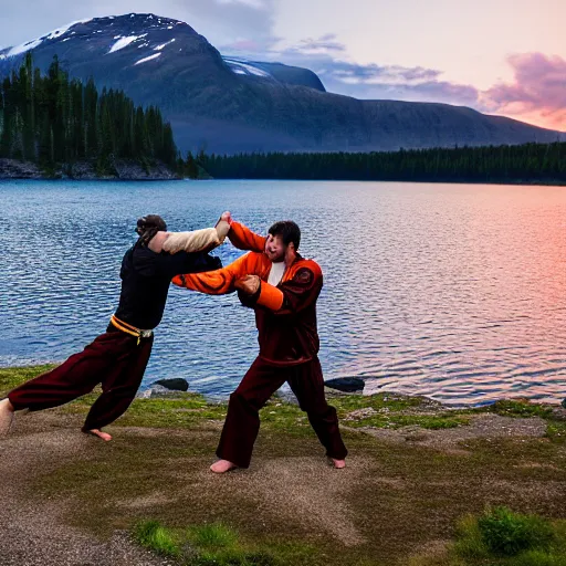 Image similar to kodiak bears kung - fu fighting on a lakefront using salmon as weapons, dusk, 8 k, hdr, cinematic, rule of thirds,