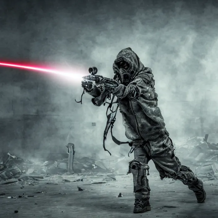 Image similar to gritty hooded apocalyptic man firing laser in destroyed airport, hyper - detailed, smooth, sharp focus, 4 k ultra hd, fantasy dark art, apocalyptic art