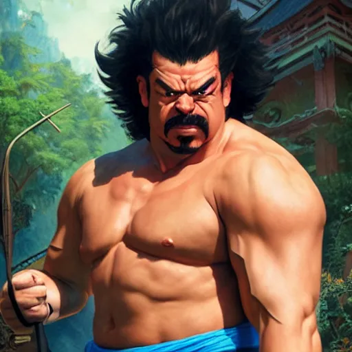 Image similar to danny mcbride as e. honda street fighter, japanese bathhouse background, ultra realistic, concept art, intricate details, highly detailed, photorealistic, octane render, 8 k, unreal engine, art by frank frazetta, simon bisley, brom