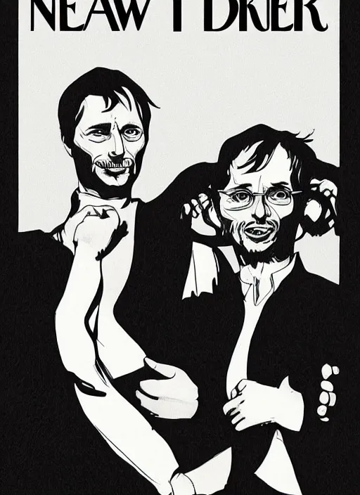 Image similar to portrait of Mads Mikkelsen and Hugh Dancy holding hands romantically as they chaperone school dance by Michael Whelan, Bob Larkin and Tomer Hanuka, simple illustration, domestic, nostalgic, clean, Matte painting, trending on artstation and unreal engine, New Yorker magazine cover, 1980s romance book cover