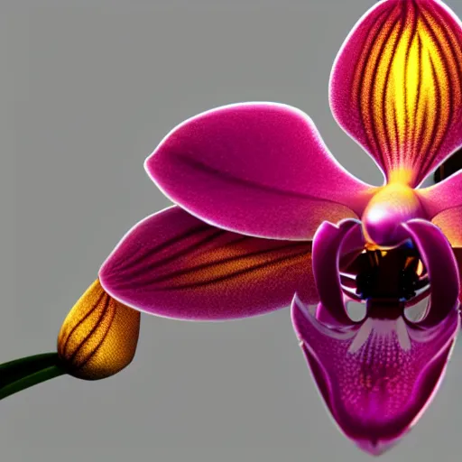 Image similar to an orchid flower, robotic, made of metal, shiny, glowing, unreal engine