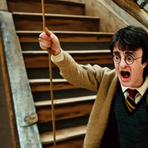 Image similar to harry potter yelling at a wooden staircase