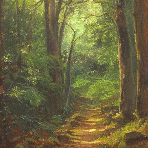 Prompt: a painting of a path through a forest, an oil painting by John Fabian Carlson, featured on Artstation, american scene painting, rim light, oil on canvas, flickering light