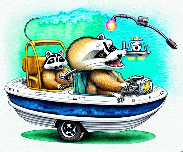 Image similar to cute and funny, racoon driving a tiny pontoon boat with party lights, ratfink style by ed roth, centered award winning watercolor pen illustration, isometric illustration by chihiro iwasaki, edited by craola, tiny details by artgerm and watercolor girl, symmetrically isometrically centered