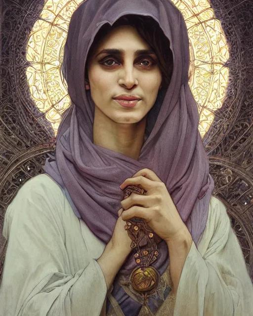 Image similar to portrait of 4 0 - year - transwoman prophet muhammad, clear face, pointed face and sensual eyes, hyper realistic face, beautiful lips, fantasy art, in the style of greg rutkowski, intricate, alphonse mucha, hyper detailed, smooth
