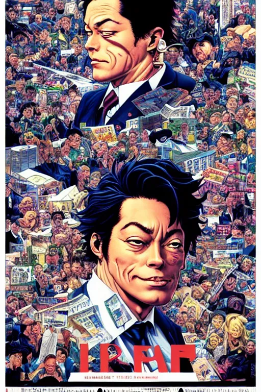 Image similar to poster of jordan belfort, by yoichi hatakenaka, masamune shirow, josan gonzales and dan mumford, ayami kojima, takato yamamoto, barclay shaw, karol bak, yukito kishiro