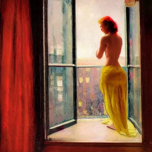 Image similar to A woman looking through a rainy window, raining outside, back view, wide shot, colorful string bikini, modest, 1950s, americana, award-winning, warm colors, by Ilya Repin, deviantart