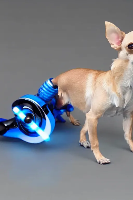 Image similar to a Cíborg Chihuahua with a blue lightsaber. futuristic style.unnreal engine