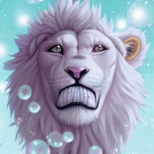 Prompt: aesthetic overhead photo portrait commission of a albino male furry anthro lion lying on a perfect lavender garden like a bed with bubbles surrounding him while wearing a cute mint colored cozy soft pastel winter outfit with pearls on it, winter Atmosphere. Character design by charlie bowater, ross tran, artgerm, and makoto shinkai, detailed, inked, western comic book art, 2021 award winning painting