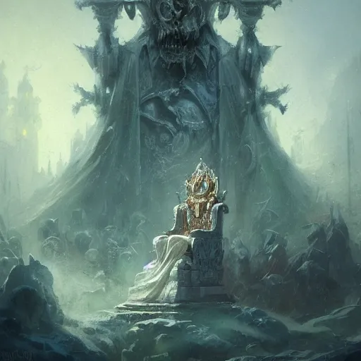 Prompt: a necromancer on a throne mad of skull, by greg rutkowski e thomas kinkade, fantasy, d & d, very detailed, high definition, realistic painting, character design, trending on artstation