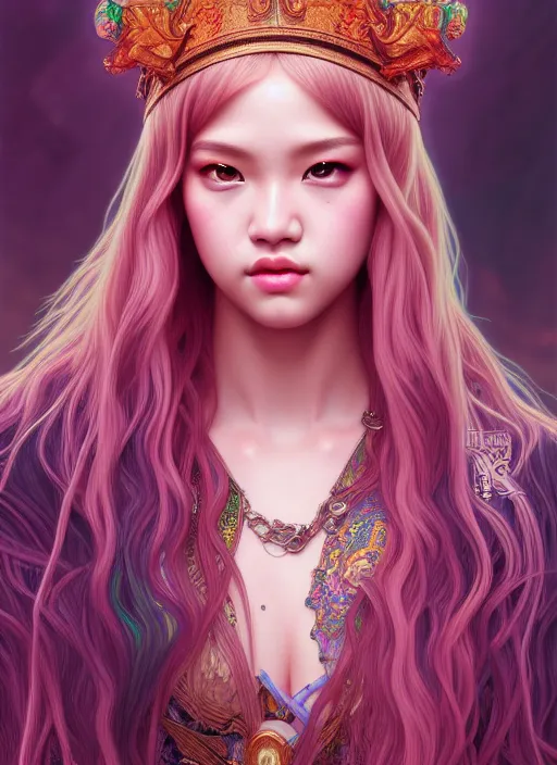 Image similar to jossi of blackpink, king, tarot card, highly detailed, digital painting, smooth, sharp focus, illustration, ultra realistic, unreal engine, 8 k, art by artgerm and alphonse mucha