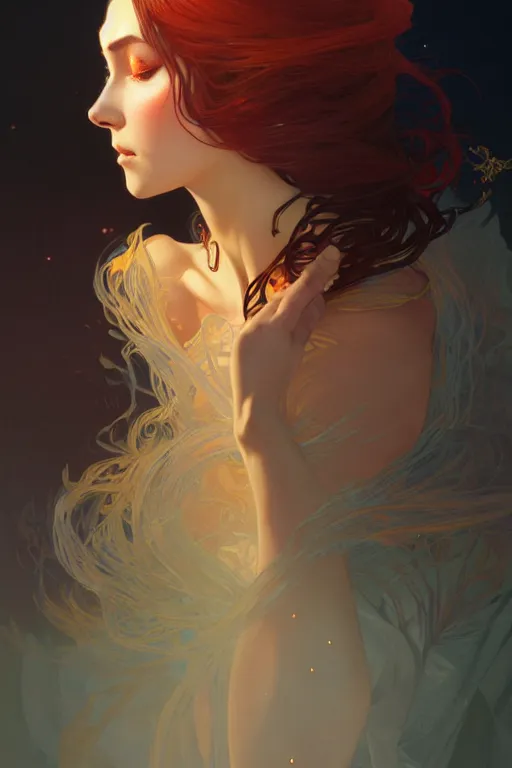 Image similar to a beautiful sorcerer woman, fantasy, portrait, sharp focus, intricate, elegant, digital painting, artstation, matte, highly detailed, concept art, illustration, ambient lighting, art by ilya kuvshinov, artgerm, Alphonse mucha, and Greg Rutkowski